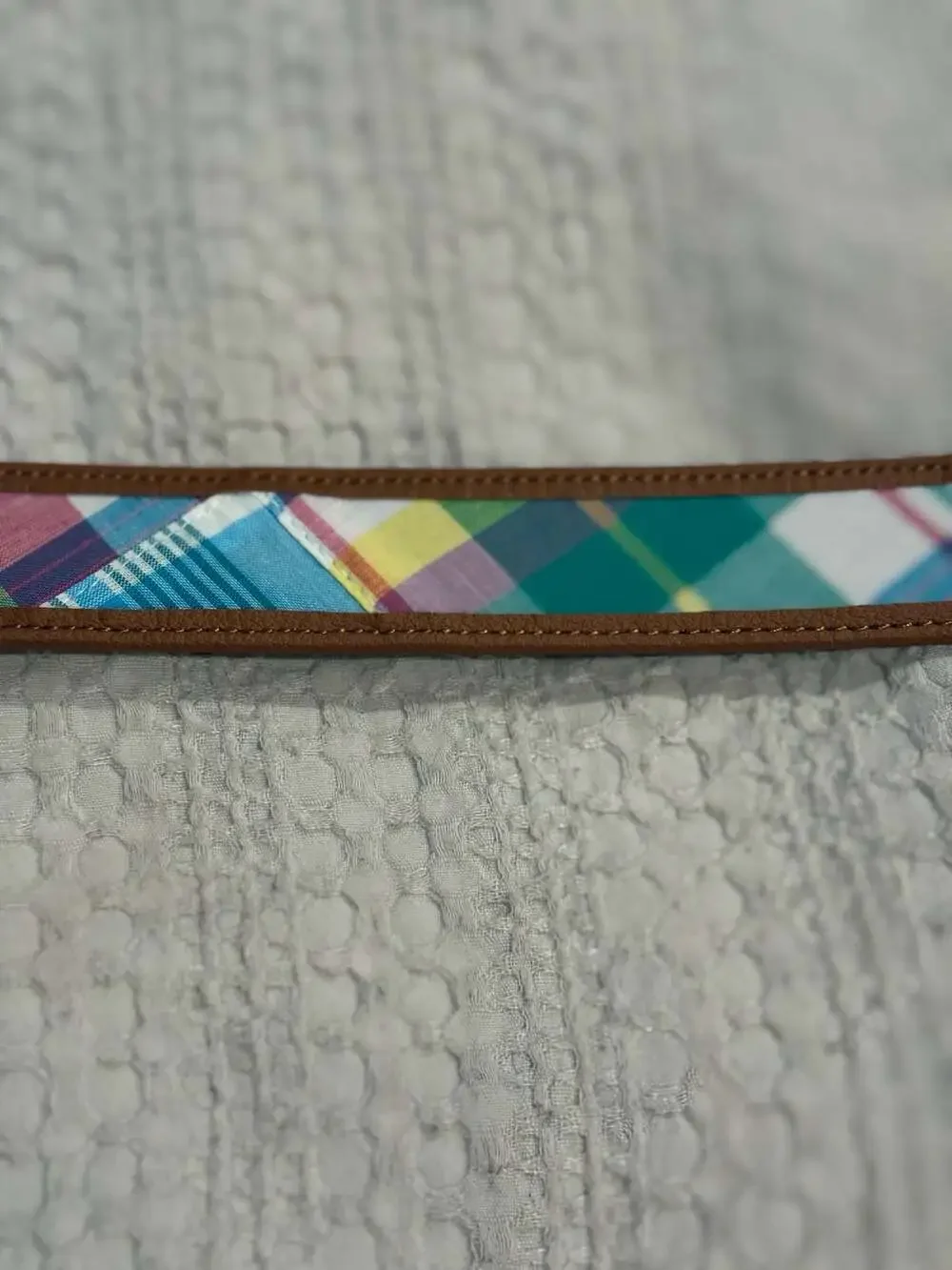 Talbots Women's Brown Leather Trim Madras Plaid Belt Size XL Gold Buckle